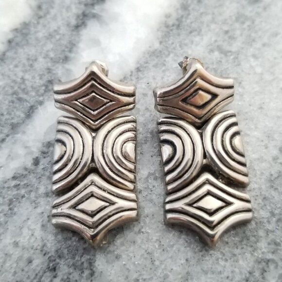 Vintage Funky Geometric Silver Tone Post Earrings, Dangle Drop Setting, Unsigned - Picture 1 of 5
